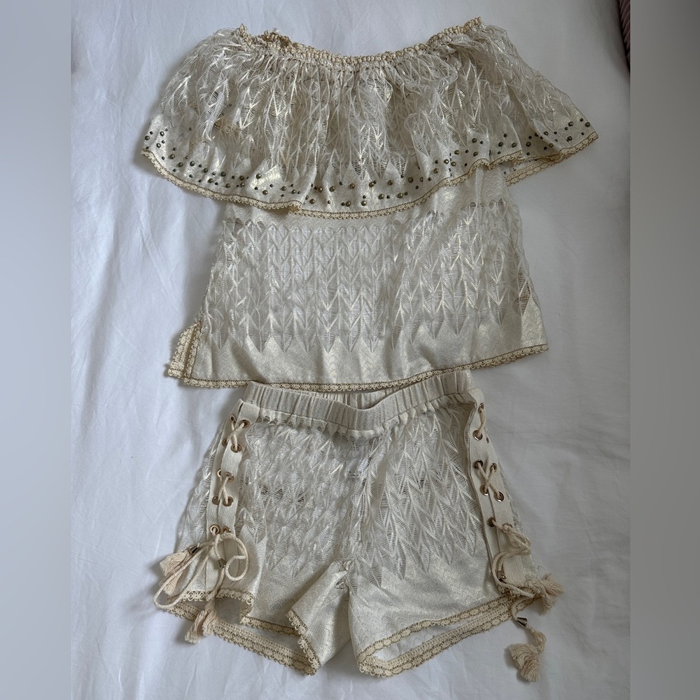 Queen and Pawn lace cover up shorts and top ivory/gold